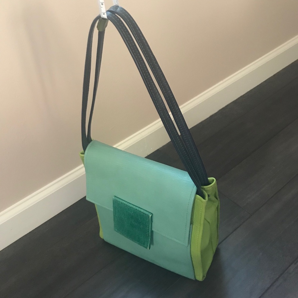 SOLD!! Hans Koch Ltd Soho NY leather bag 1 of a kind lime green blue rare VINT… - Picture 1 of 16